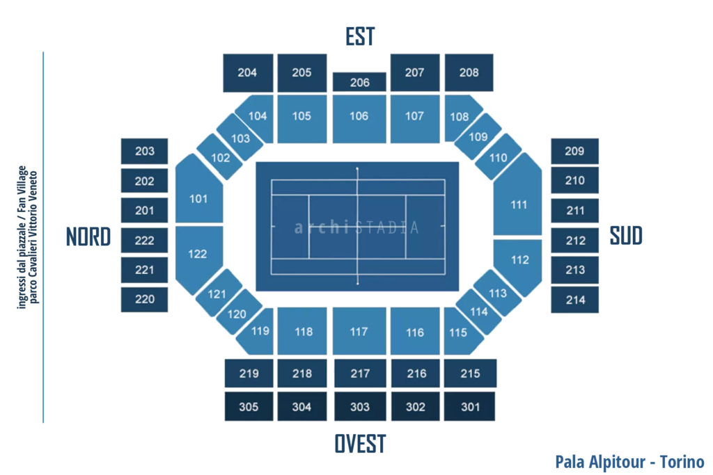 Mappa del Pala Isozaki InAlpi Arena di Torino (ATP Finals) settori e