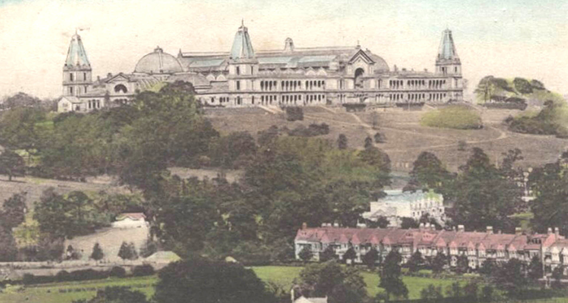 alexandra palace londra cartolina d'epoca con vista esterna dal parco