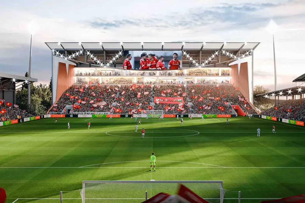 render vista interna progetto gradinata kop stadio wrexham populous